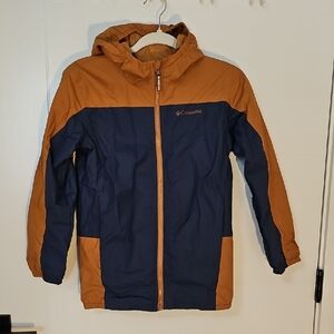 Columbia Blue and Burnt Orange Brown Hooded Raincoat Weather-Resistant Sz M